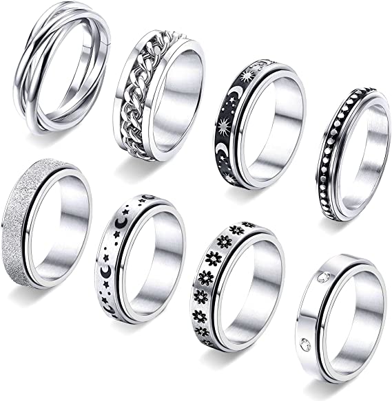 8/6Pcs Fidget Rings for Women Men Spinner Anxiety Rings Moon Star Celtic Stress Relieving Stainless Steel Ring for Anxiety Couple Rings Wedding Promise Rings Set Valentine's Day Gift(6-13)